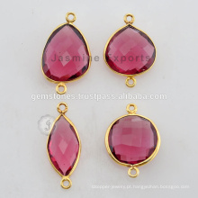 Fabricante 925 Sterling Silver Pink Tourmaline Gemstone Gold Plated Bezel Connectors